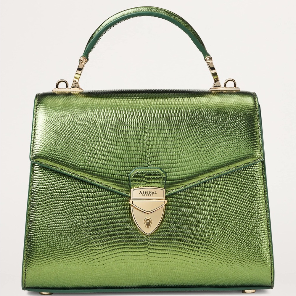 Aspinal of London Midi Mayfair Green Lizard Embossed Leather Bag